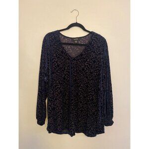 Karen Kane 2X Navy & Black Floral Burnout Velvet Long Sleeve Blouse
